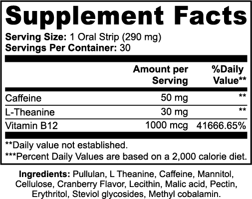 Supplement facts label with caffeine, L-theanine, and Vitamin B12 content on a white background.
