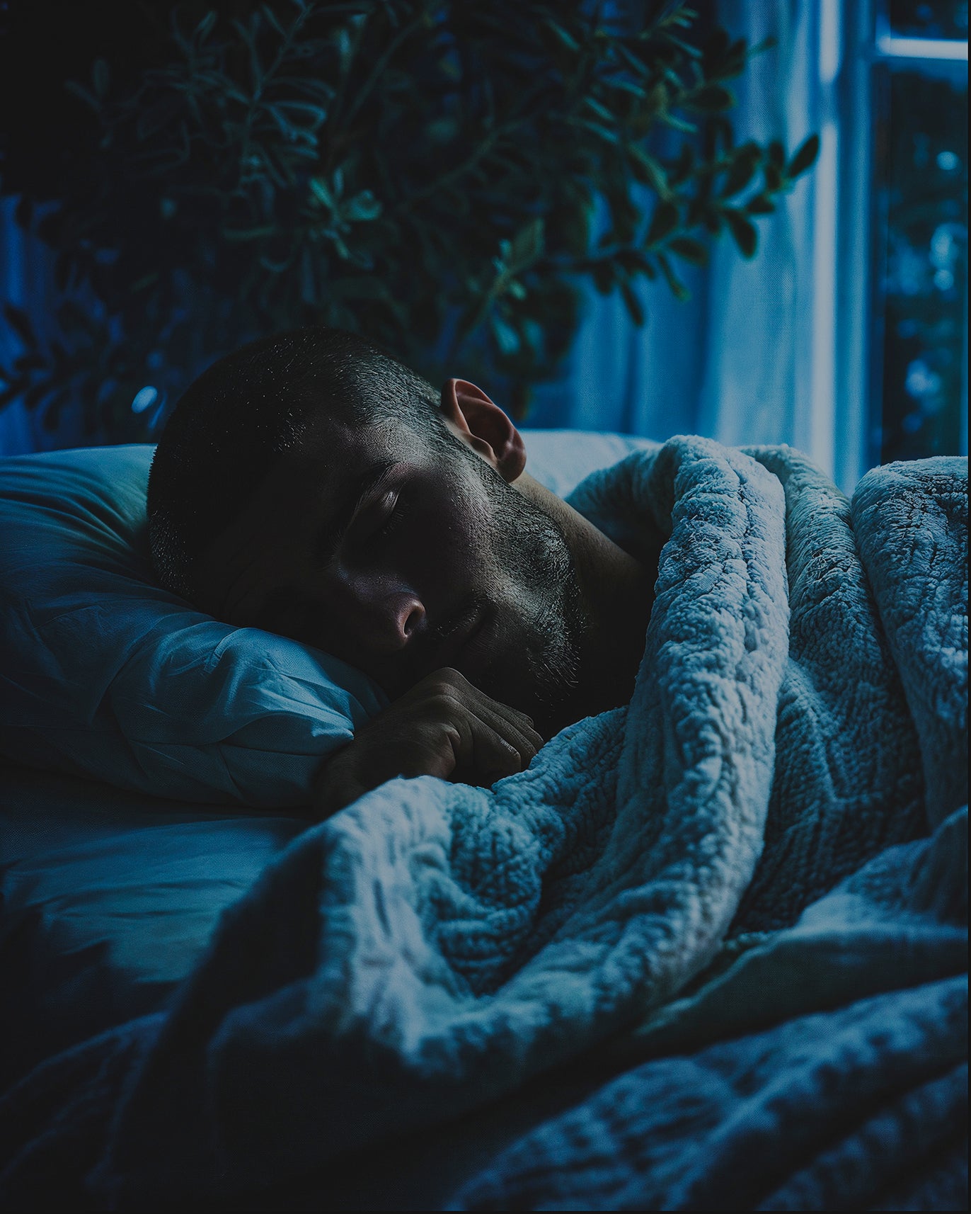Man peacefully sleeping at night after using Humn Well Knock Out Sleep Strips for deep, restful sleep.