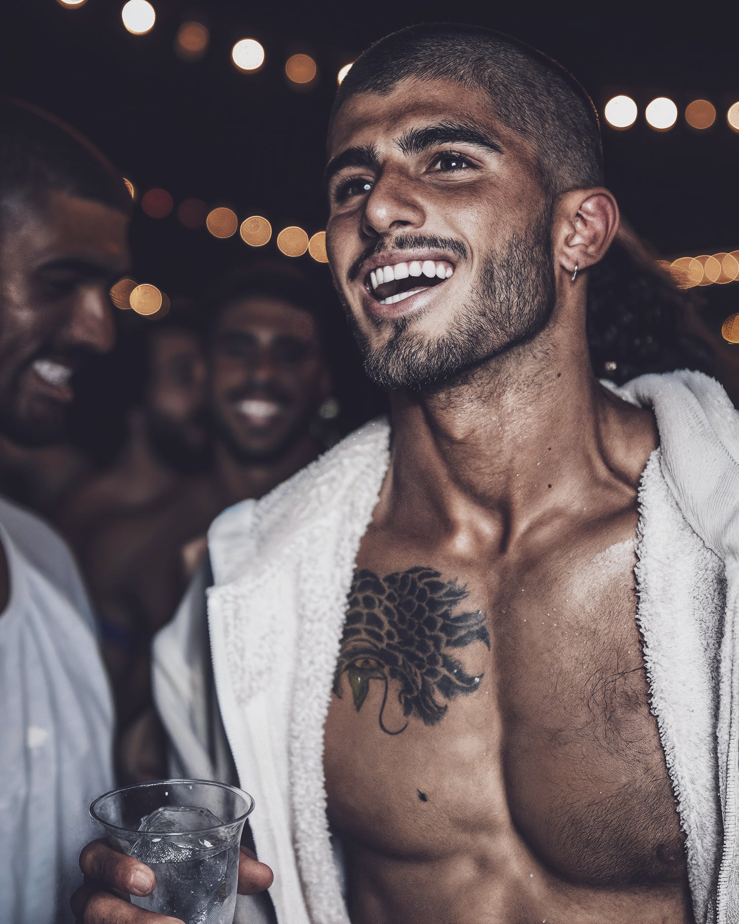 Man smiling and enjoying a party with friends, showcasing vitality and energy after using Humn Well Play Hard Hangover Strips.