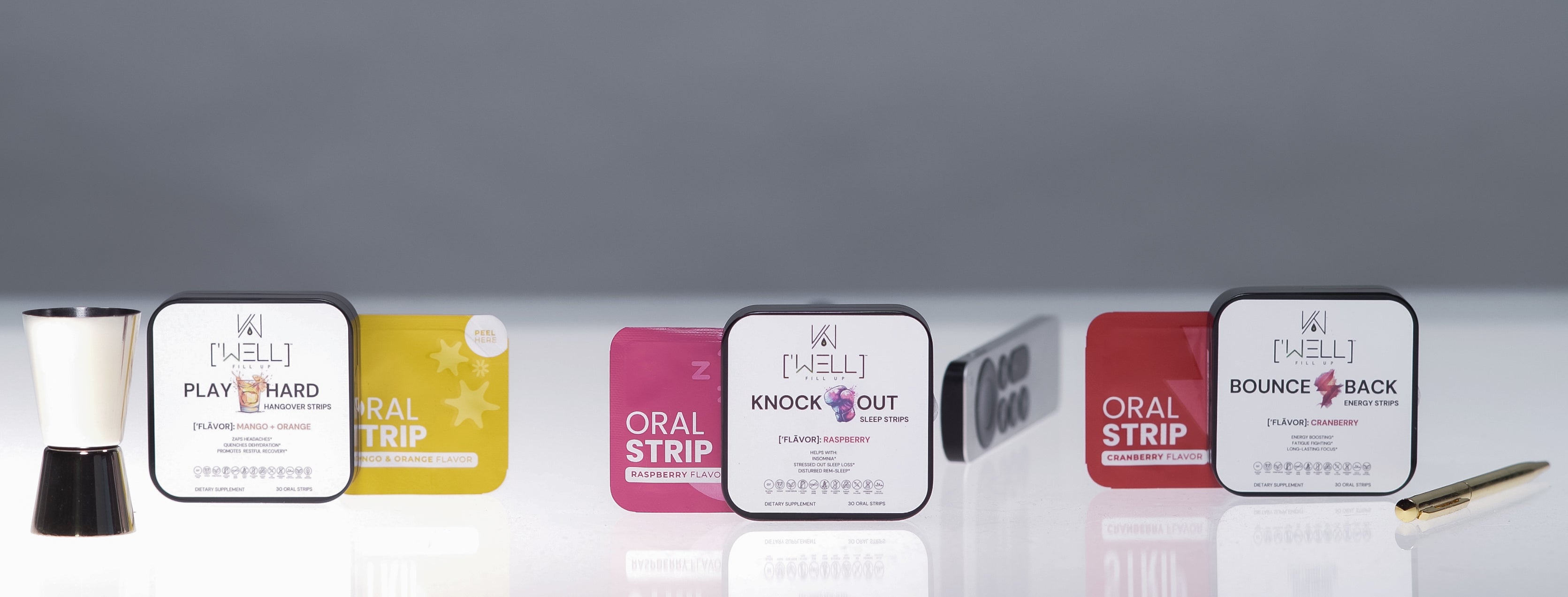 HUMN Well product line showcasing Play Hard Hangover Strips, Knock Out Sleep Strips, and Bounce Back Energy Strips, ideal for recovery, rest, and rejuvenation.