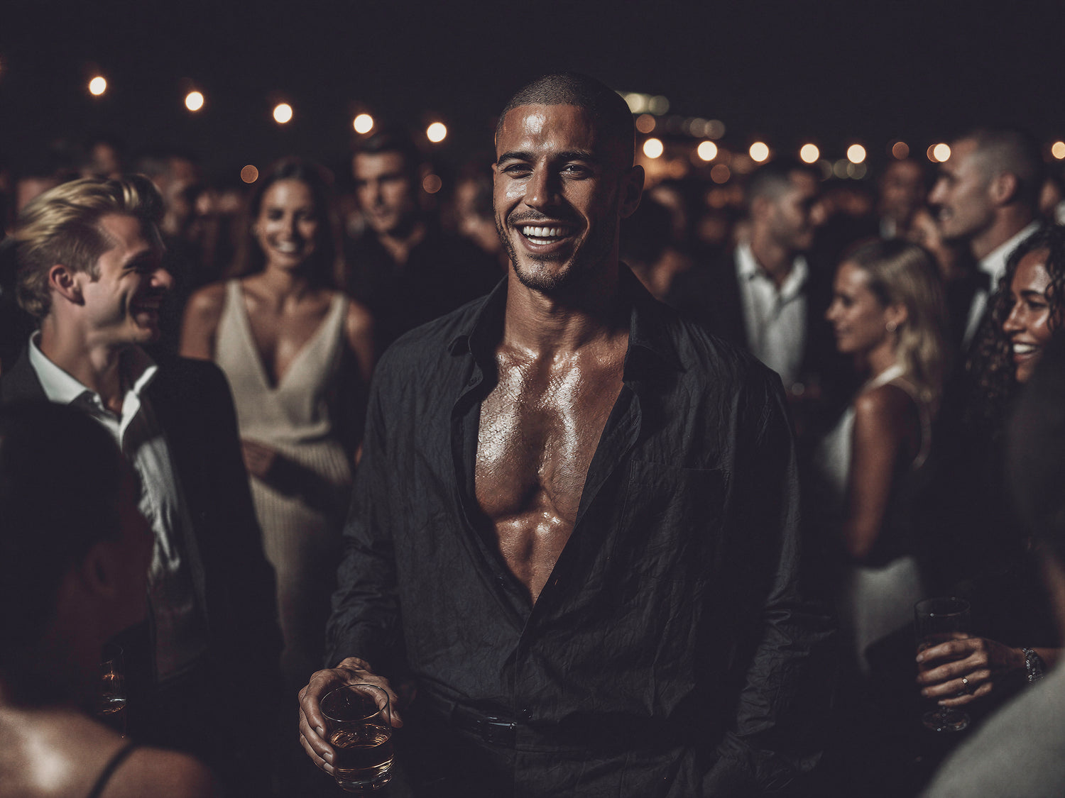 Sweaty smiling man in an unbuttoned black shirt holding a drink at a crowded upscale nighttime party with glowing lights in the background, representing nightlife, recovery, confidence, and hangover support wellness strips.