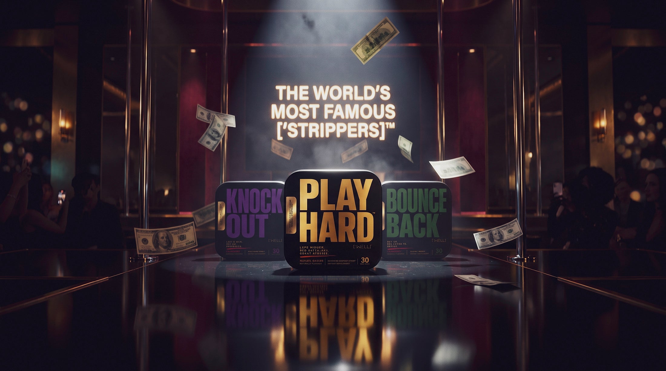 Promotional product display with 'Play Hard' and 'Knockout' packaging on a reflective surface.